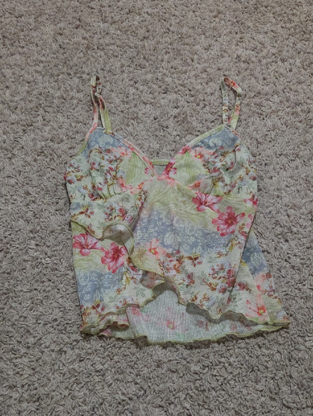 SHEIN Pink & Green Floral Ruffled Cami